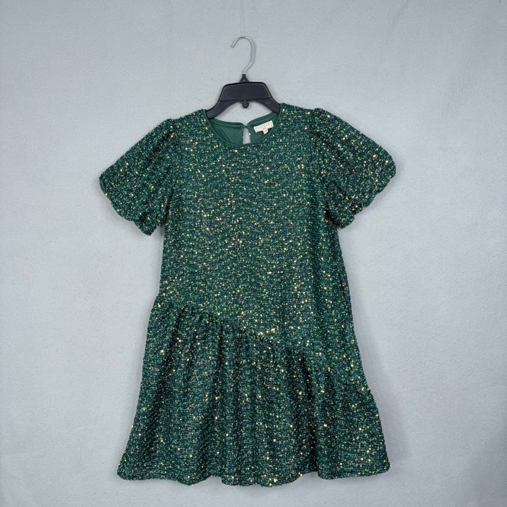 Hayden Girls Dress Girls XL Green Sequin Drop Waist Puff Sleeve Holiday Party